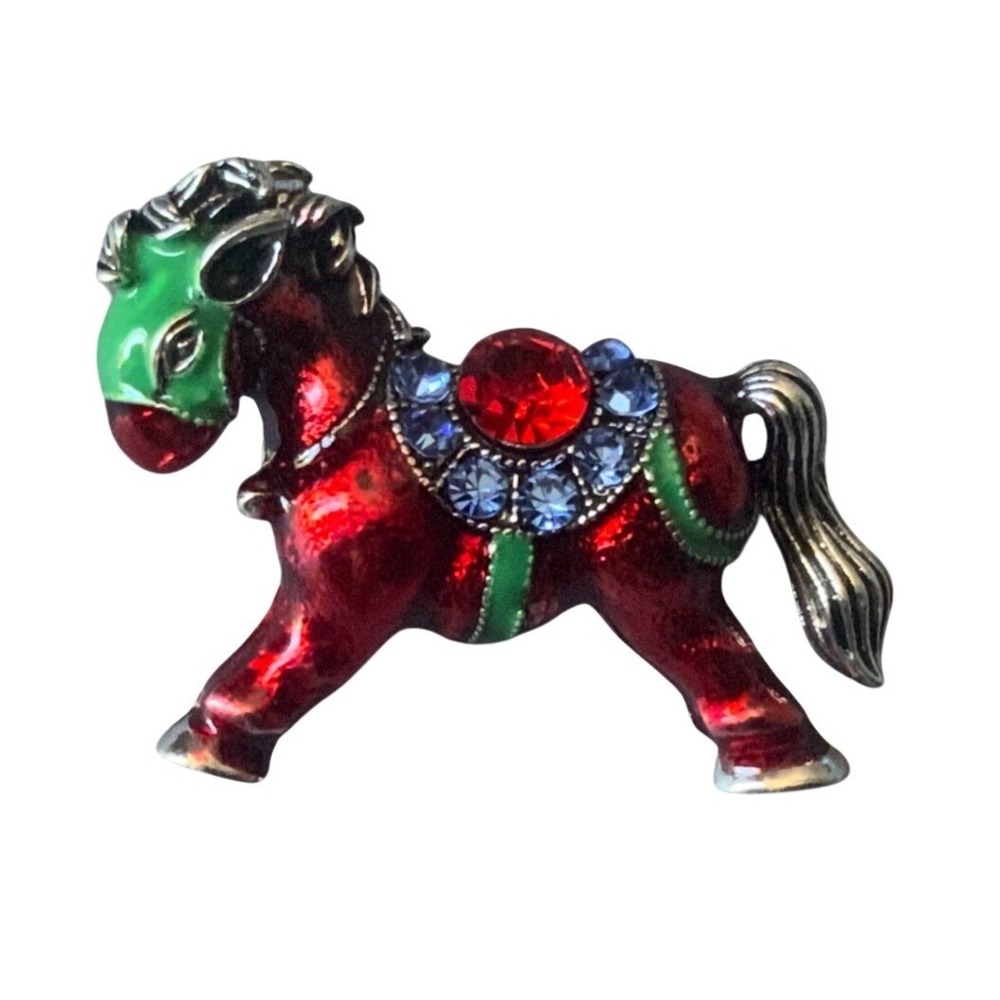 Vintage Red Enamel Horse Brooch Rhinestone Equestrian Pony Pin Silver Tone